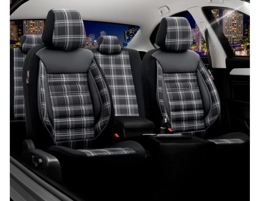 Sitzbezug Comfortline Leder Schwarz/Grau weisser Rand 11-teiliges universal  Set Airbag tauglich
