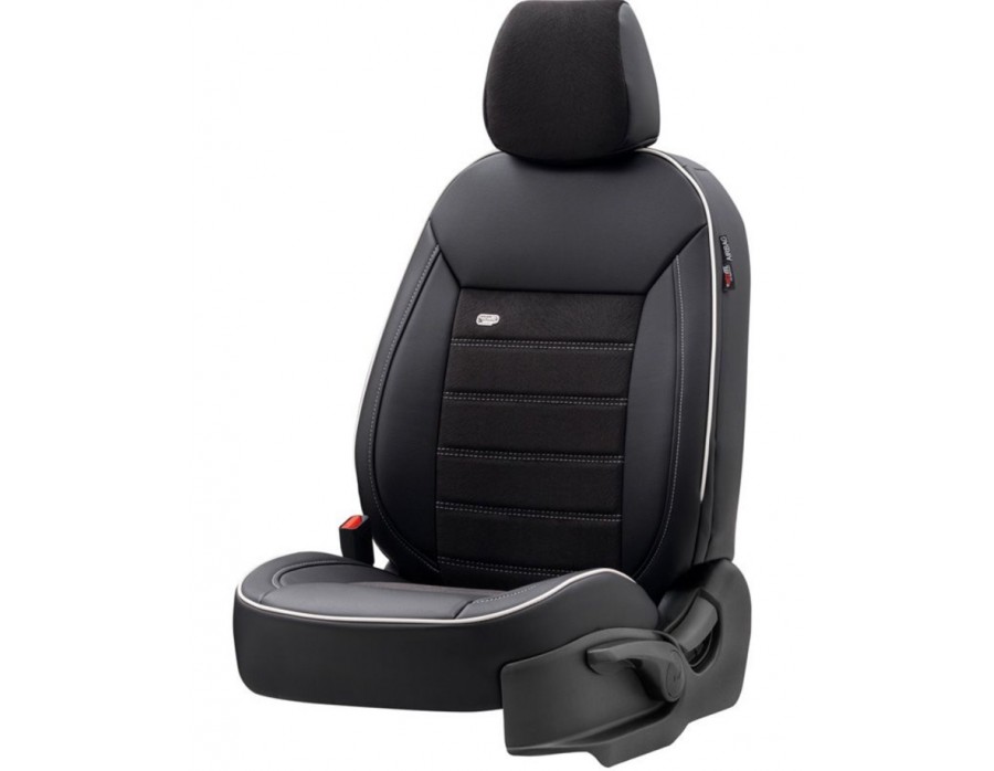 Sitzbezug Premium Velour Schwarz weisser Rand 11-teiliges universal Set  Airbag tauglich