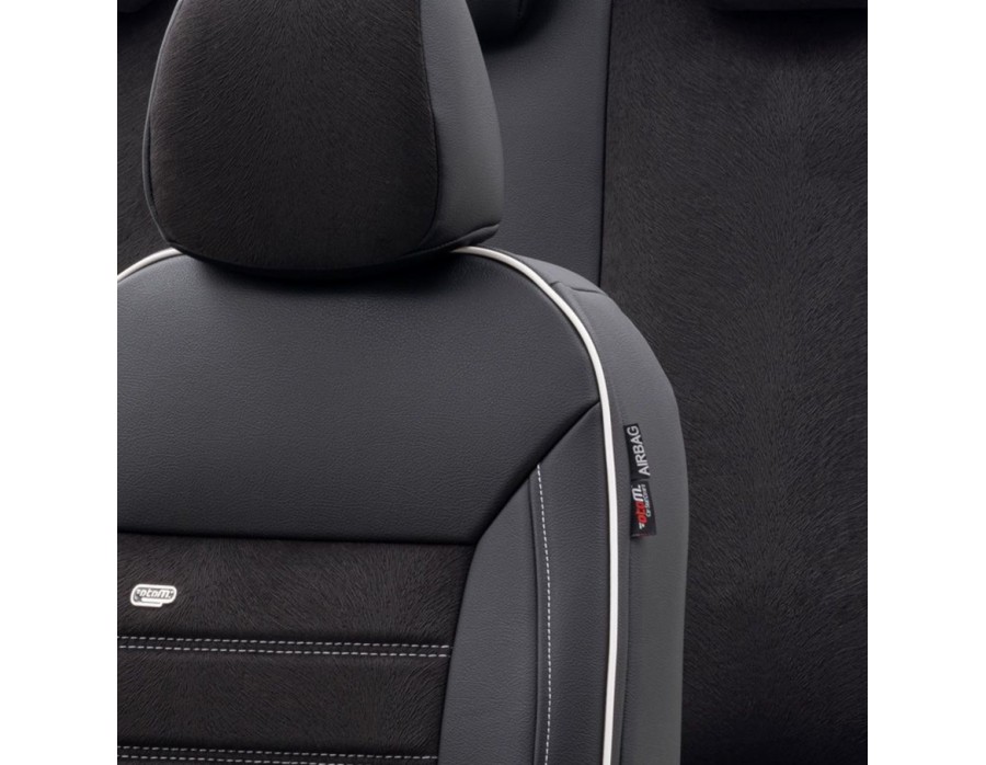 Sitzbezug Premium Velour Schwarz weisser Rand 11-teiliges universal Set  Airbag tauglich