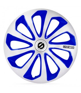 4er Set Radkappen - Radzierblenden Sparco Sicilia Design 15 Zoll Silber/Blau Carbonlook Sparco